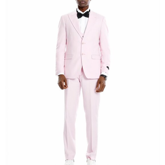 Pink Peak Lapel Double Breasted Vest 3 Piece Skinny Fit Tazzio Men's Suit - Picture 1 of 1